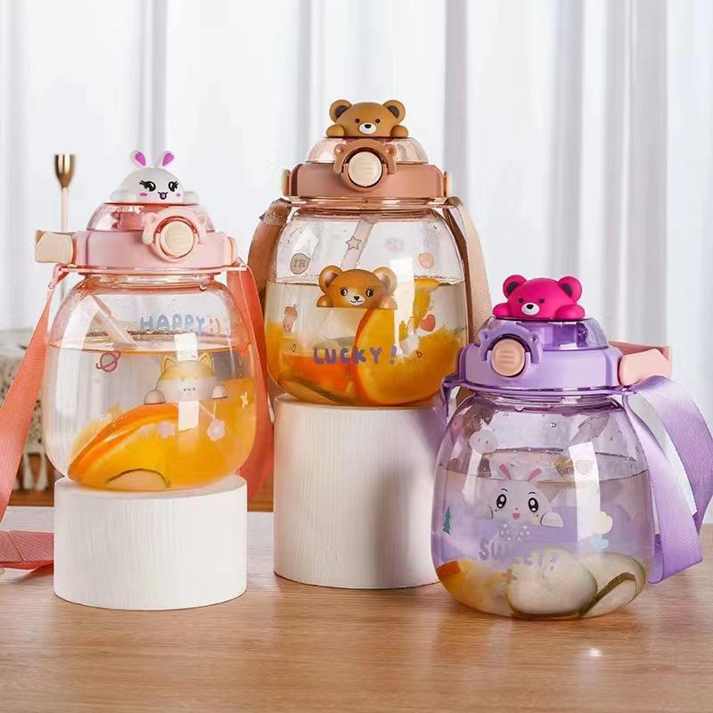 Large Cartoon Children's Straw Water Bottle - High-Capacity, Stylish Plastic Cup for Students