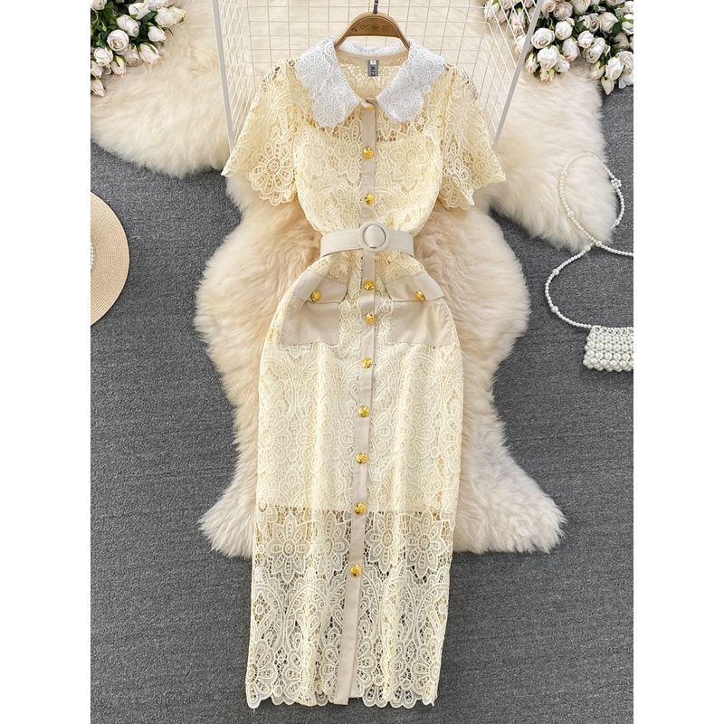 Doll Collar Cut Out Lace Dress Elegant Short Sleeve