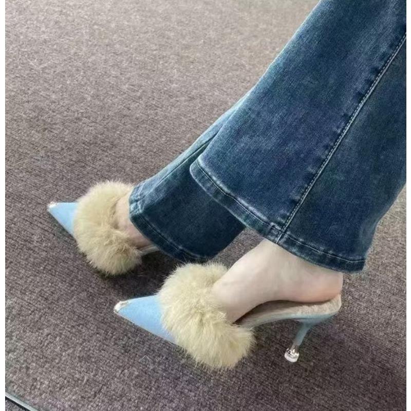 Fashion Shoes Pointed Toe Slippers Heels Slipers Women Fur Flip Flops Slides Fashion High 2025 Plush Luxury High-Heeled Shoes Lady Women
