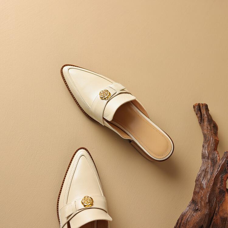Soft Leather Pointed Head Half Slippers Women's Thick Heel 2025 New Slippers Women's Summer Outer Wear Middle Heel