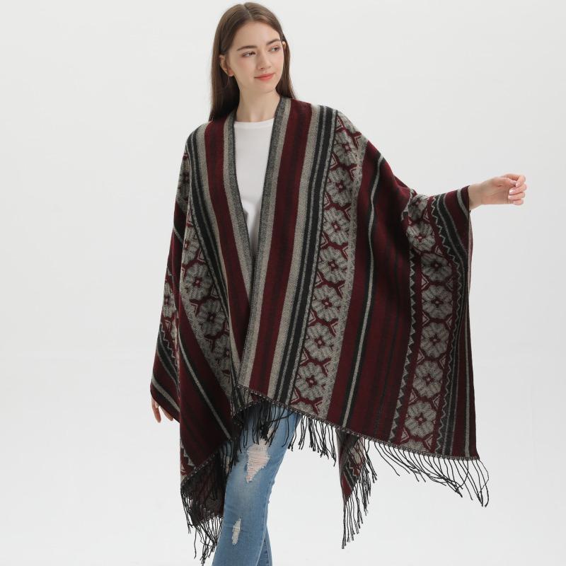 Vintage tassel split women's shawl new imitation cashmere knitted scarf thickened travel knitted cape
