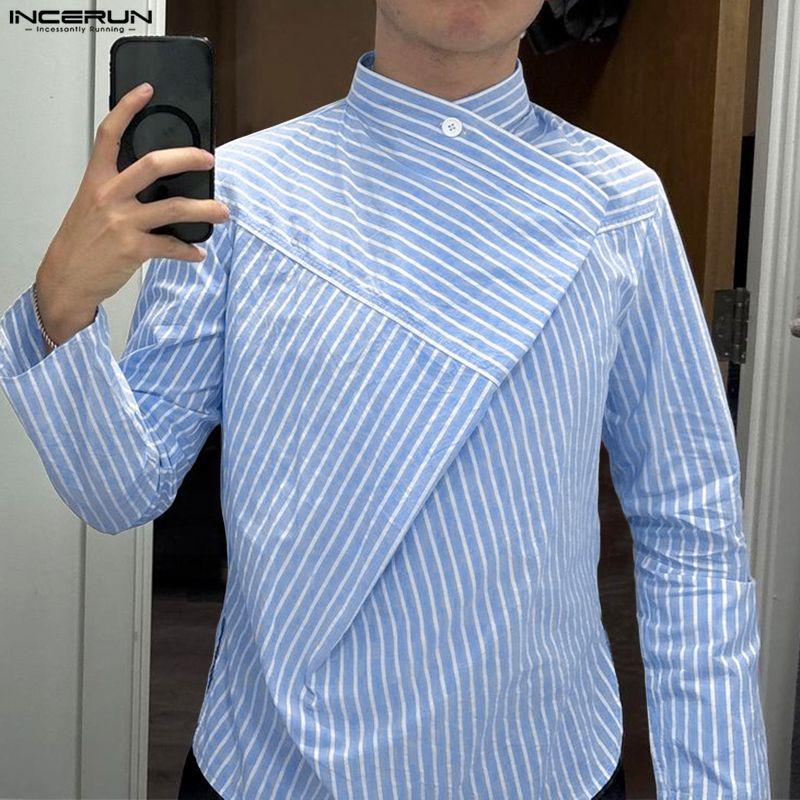 INCERUN Men Wrap Neck Long Sleeve Button Up Striped Print Casual Shirts