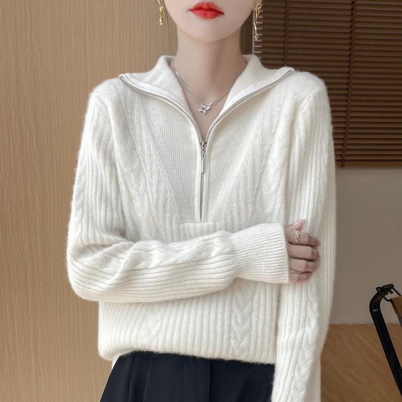 Women's High-Neck 100% Wool Cable Knit Sweater - Thickened Long Sleeve Zipper Pullover for Autumn & Winter