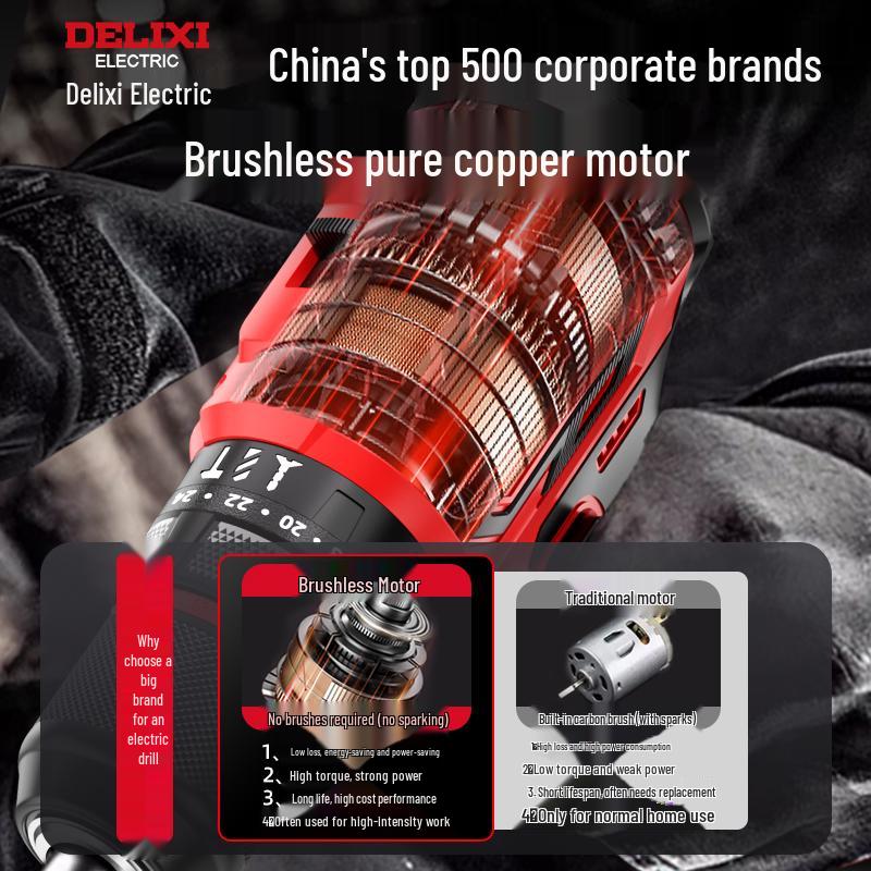 Delixi Rechargeable Brushless Electric Drill & Screwdriver with Impact Function for Household Use