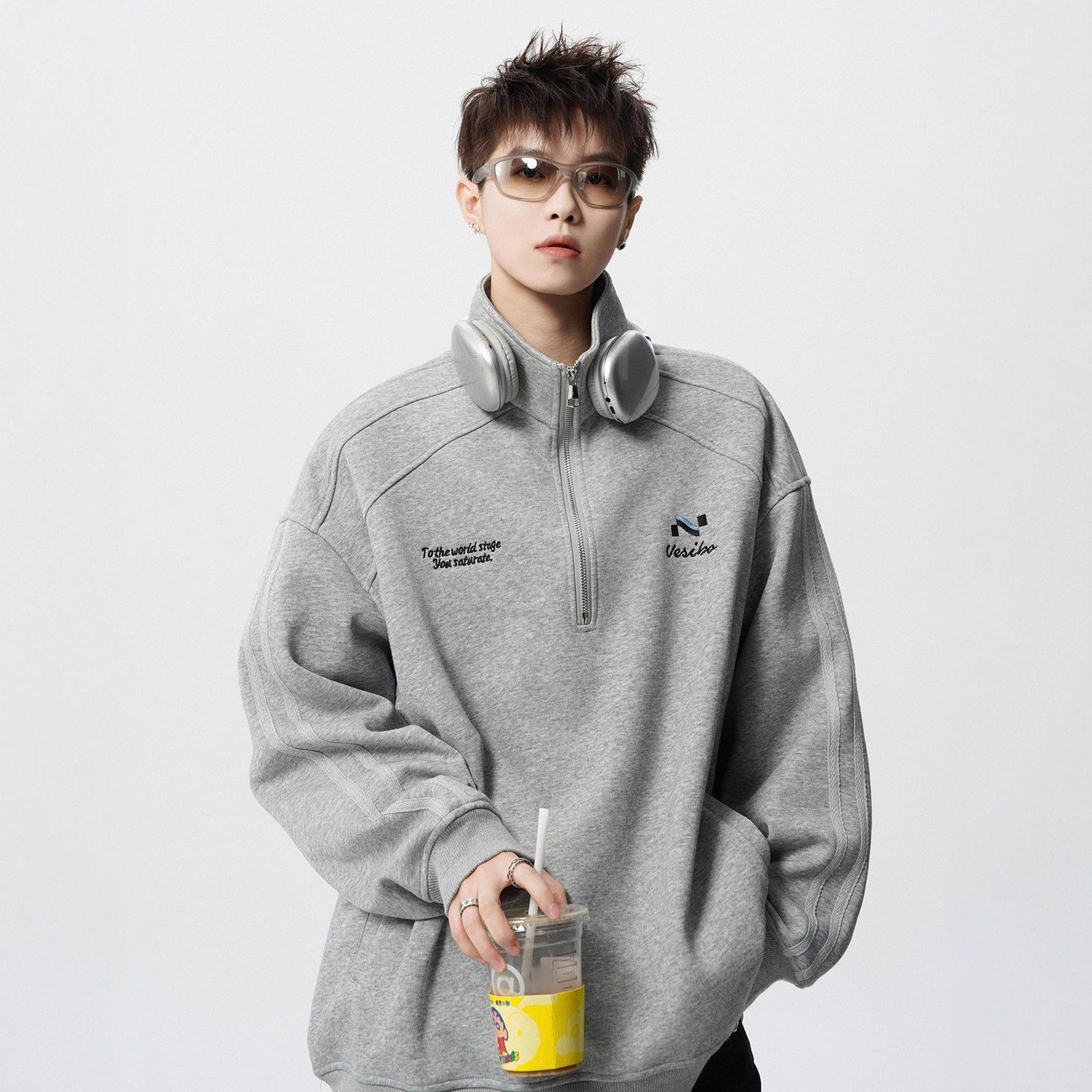 

Mens Autumn High Street Vintage Half Zipper Stand-Up Jacket Comfortable Fit Active Long Sleeve Sweater M