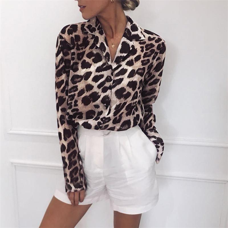 Blusa estampa leopardo feminina chique casual manga comprida gola virada para baixo escritório senhora vintage tamanho grande