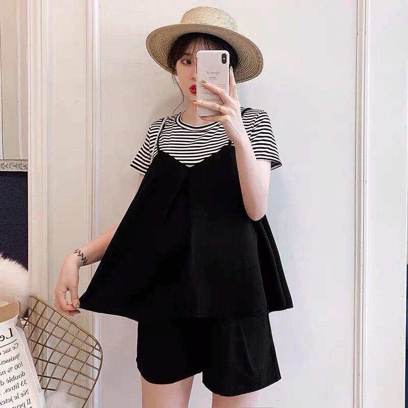 

2026 Summer Maternity Two-Piece Set: Striped Short-Sleeve T-Shirt & Belly Support Shorts L чорний