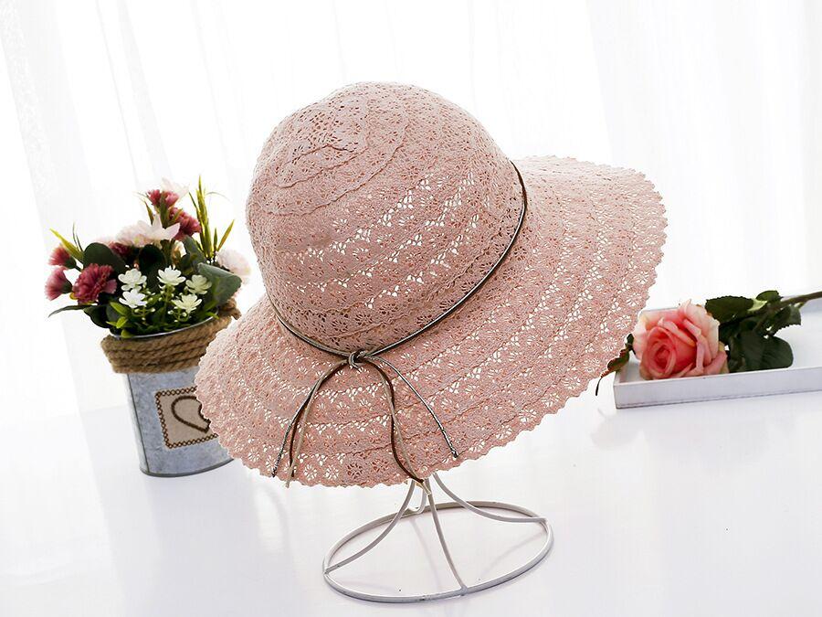 Summer Foldable Cotton Beach Bow Sun Hats For Women Fashion Floppy Elegant Beach Visor Hat Ladies Lace Hollow Straw Hat