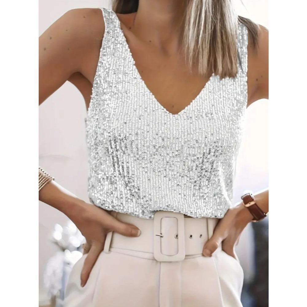Women s V Neck Sleeveless Sequin Tank Top Straight Fit Elegant Party Cami Top S