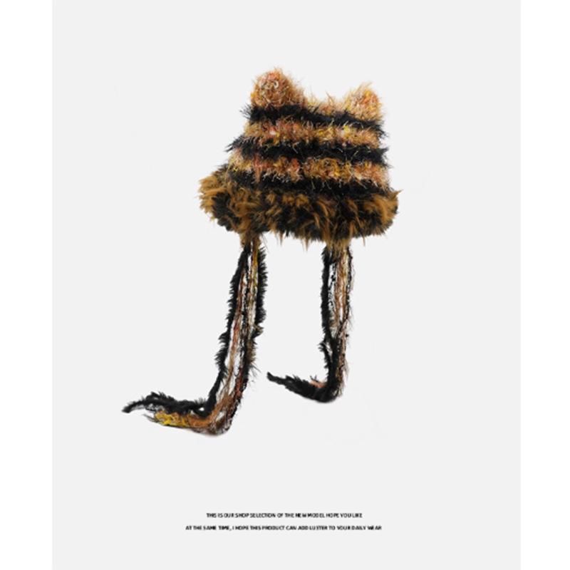 Cute cat ears plush knitted pullover hat children cool spicy wind mixed color braid cold hat winter warm Lei Feng hat