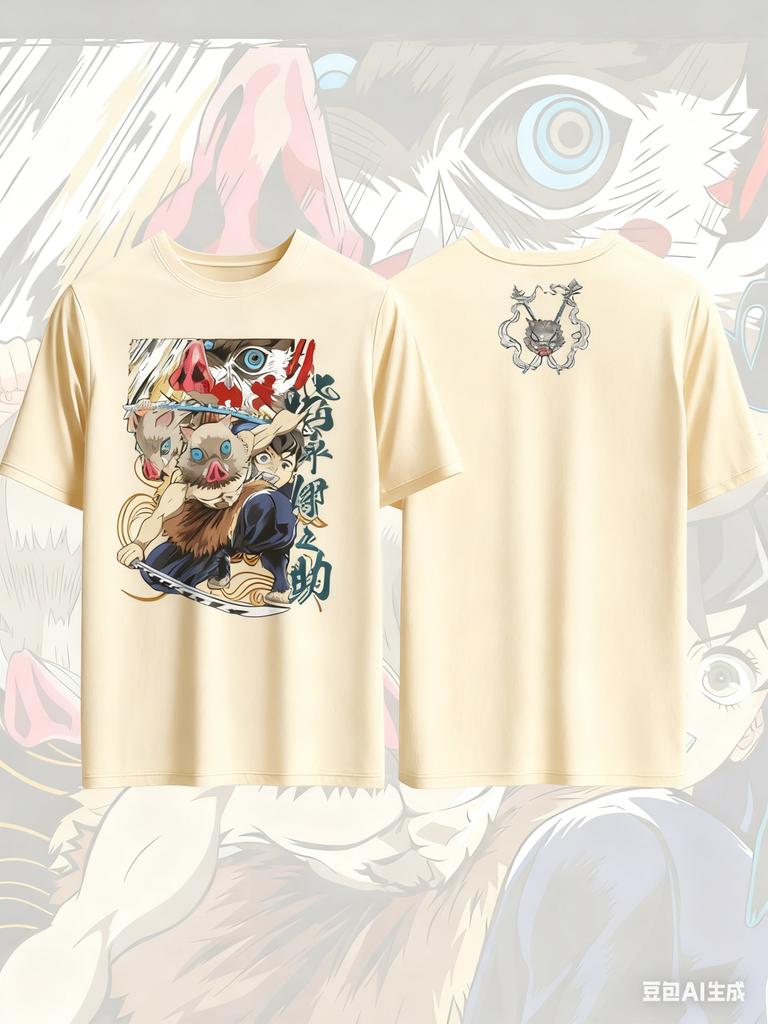 Demon Slayer Hashibira Inosuke Anime Bedrucktes Baumwoll-T-Shirt für Männer und Frauen Lässige Mode Übergroßes Anime-Fanartikel-Kleidung