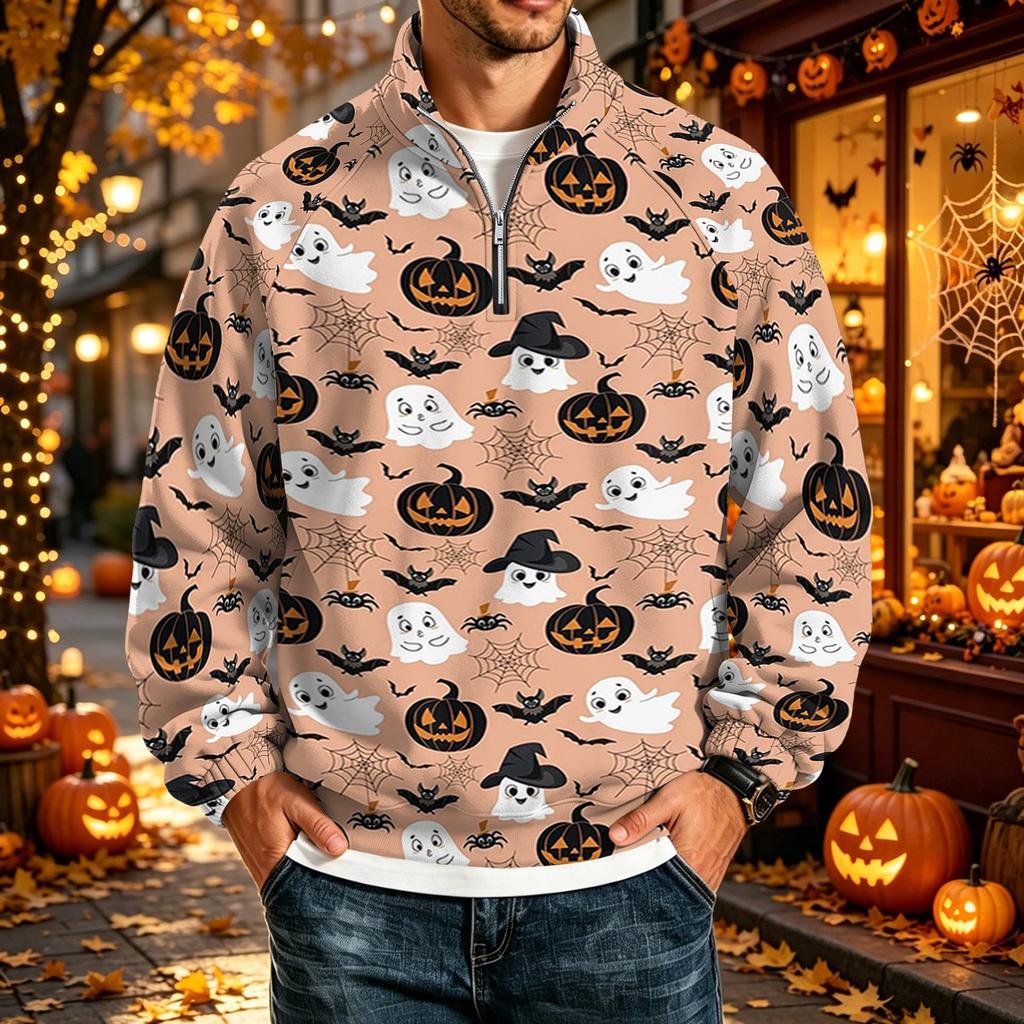 Men's Casual Stand Collar Raglan Sleeve Sweatshirt with Halloween Print