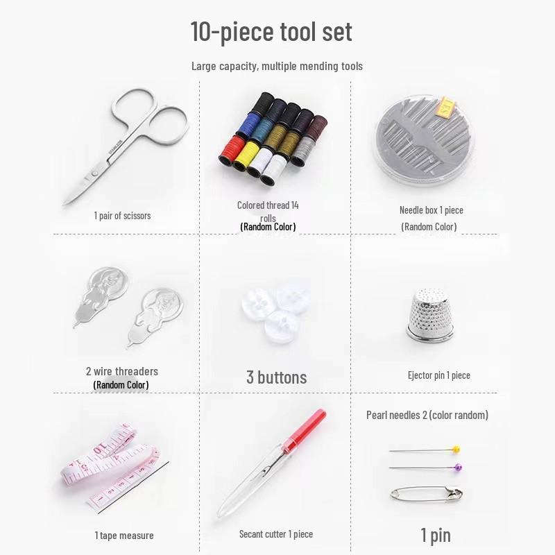 Kit de Costura Portátil de 10 Peças com Caixa de Linhas e Agulhas para Casa e Viagem