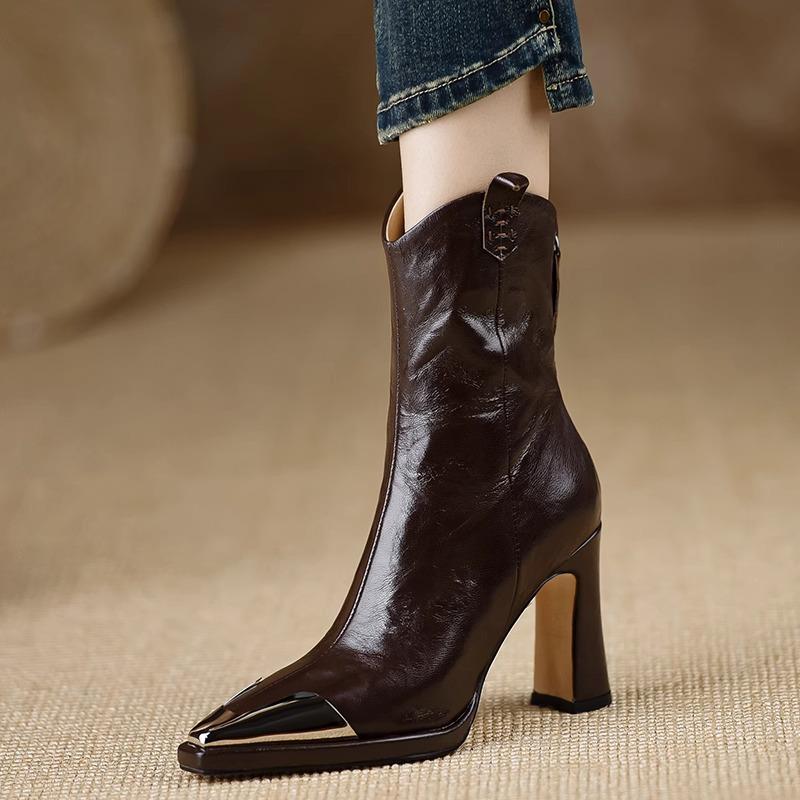 Foreign trade small ankle boots women's 2024 autumn and winter new sense pointed head thick heel leather boots high heels women's elegant short boots
