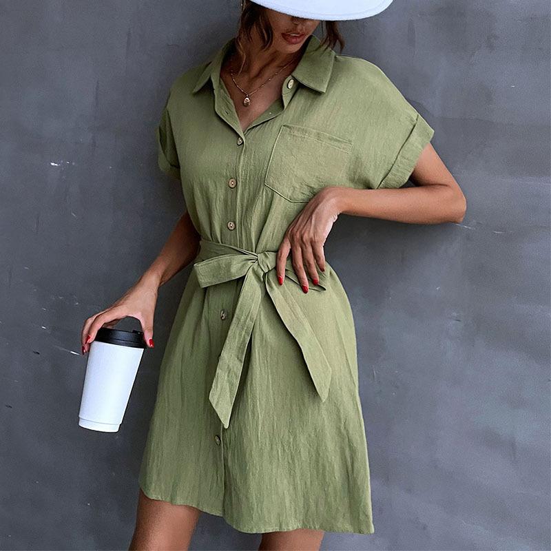 Spring and summer export casual simple versatile lace-up short-sleeved lapel cotton and linen shirt dress
