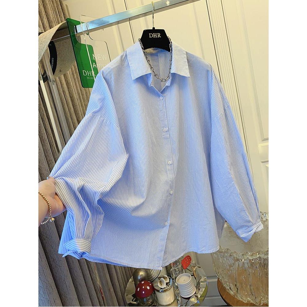 Elegante Camicia a Maniche Lunghe a Righe Blu Stile Coreano Cardigan Largo Collezione Autunno Donna