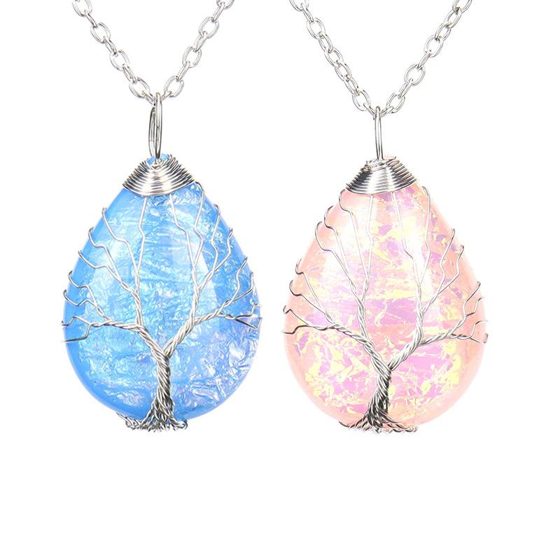 Handmade Copper Wire Winding Water Drop Tree Of Life Color Changing Corrugated Resin Necklace N516