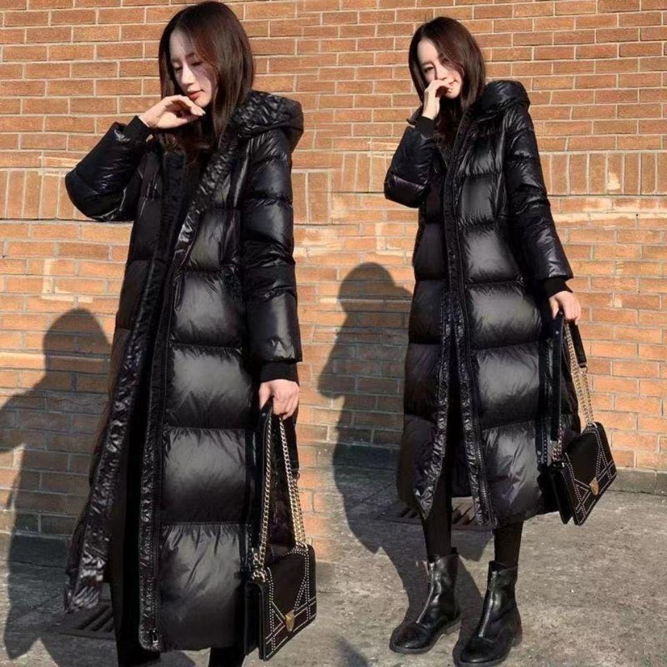 Korean Style Long Black Shiny Down Cotton Coat - Over-the-Knee, Slim Fit, Thickened for Winter