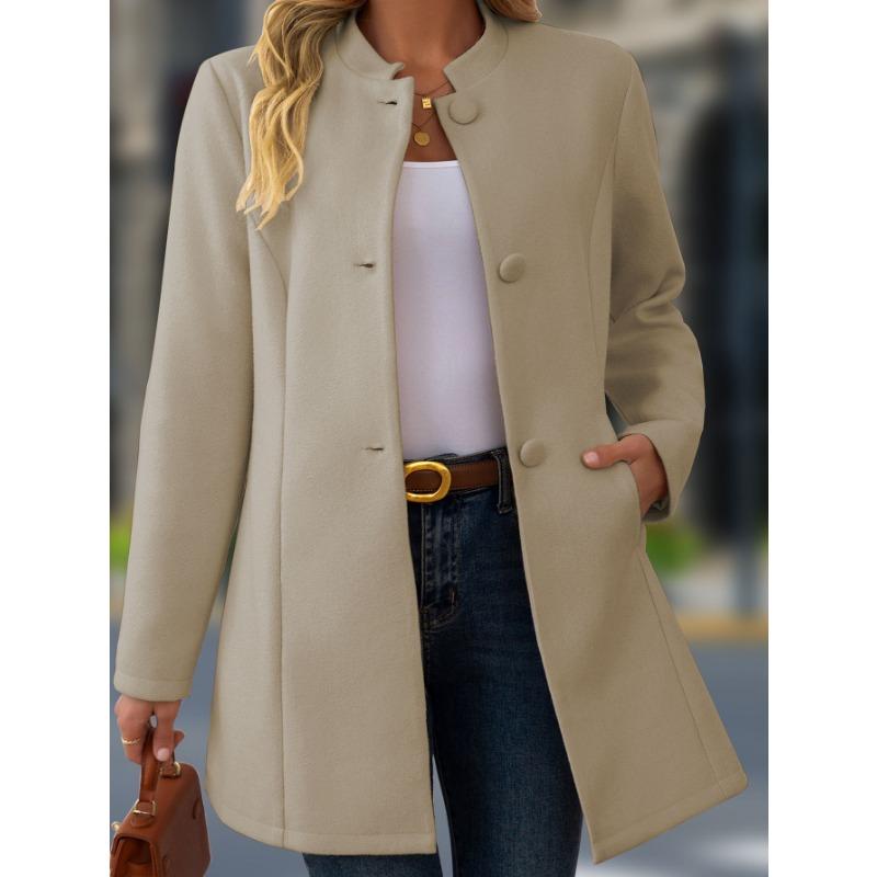 Women S Casual Stand Collar Mid Length Woolen Coat For Daily Wear