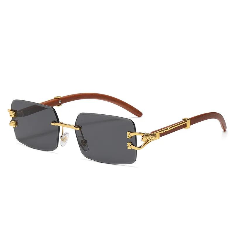 Classic Vintage Rimless Square Leopard Head Sunglasses Ladies Men Fashion Luxury  Designer Travel Wooden Metal Sun Glasses