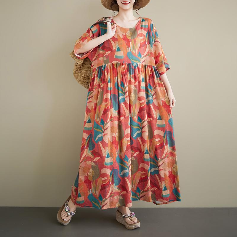 DIMANAF Neu 2026 Sommer Strand Damen Übergröße Vintage Dame Langes Kleid Locker Übergröße Maxi Blumenmuster Baumwolle Sommerkleid