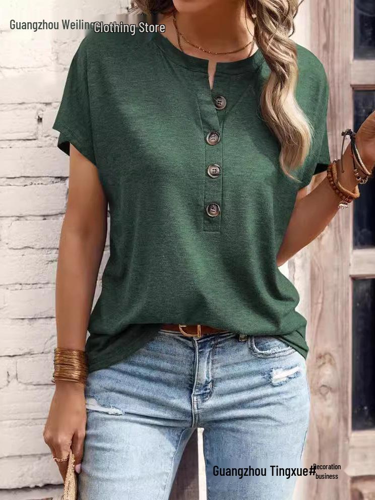 Women's European & American Style Solid Color Button Fashion Short Sleeve T-shirt for Spring/Summer