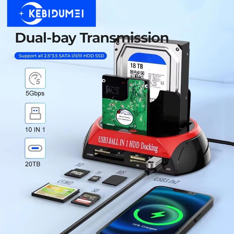 10 IN 1 IDE SATA USB3.0 Dual Bay External Hard Disk Drive 2.5 Inch 3.5 Inch HDD Docking Station One Touch Backup HUB Card Reader