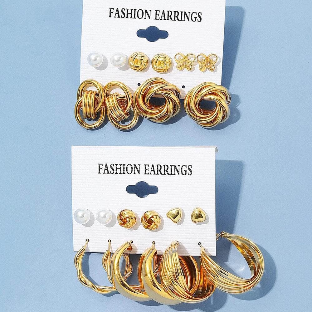 12 Piece Set Women Fashion Personality Versatile Simple Retro Gold Butterfly Love Heart Earrings Inlaid Zircon Earrings