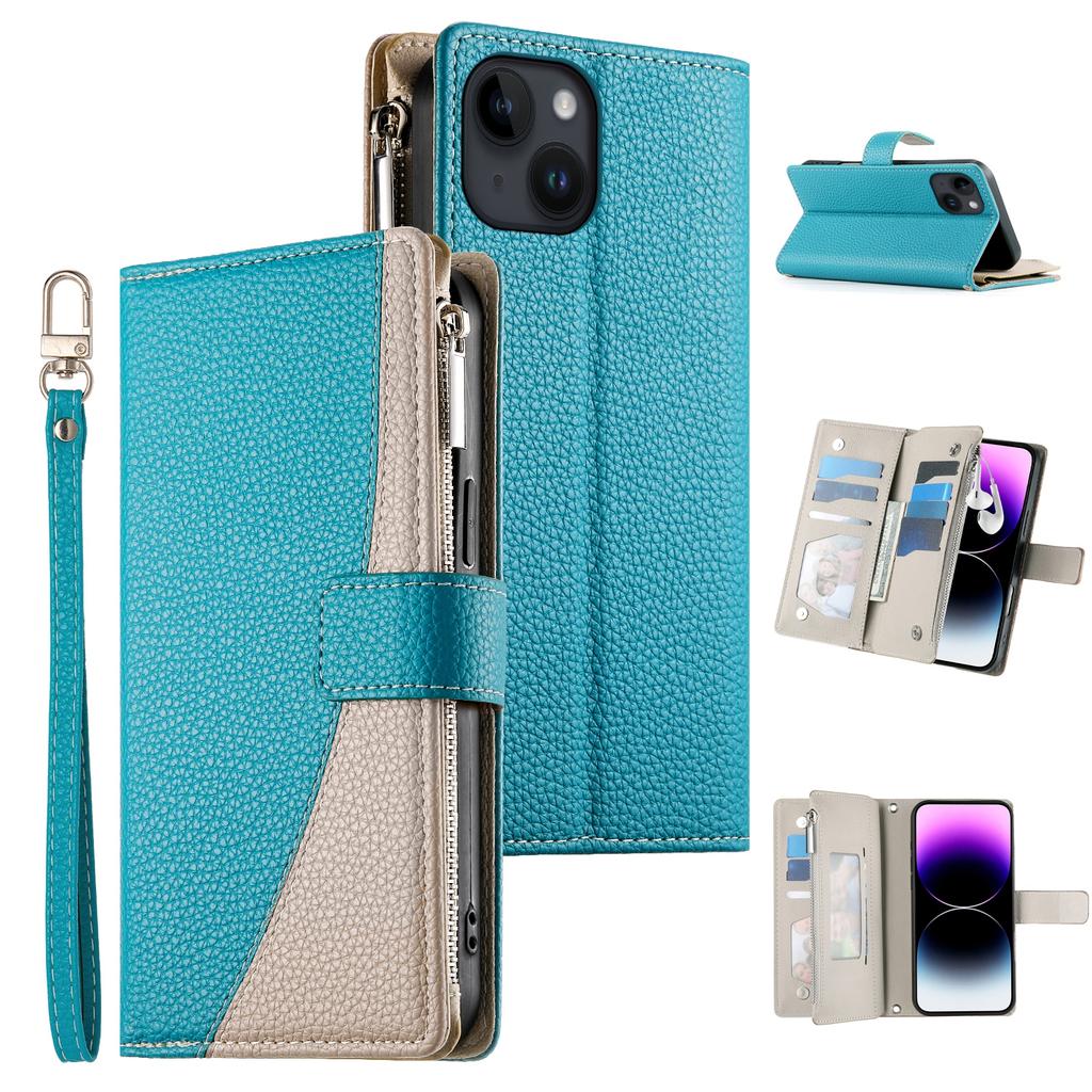 For iPhone 14/13 Case Zipper Pocket Wallet Color Splicing Leather Flip Phone Cover with Straps