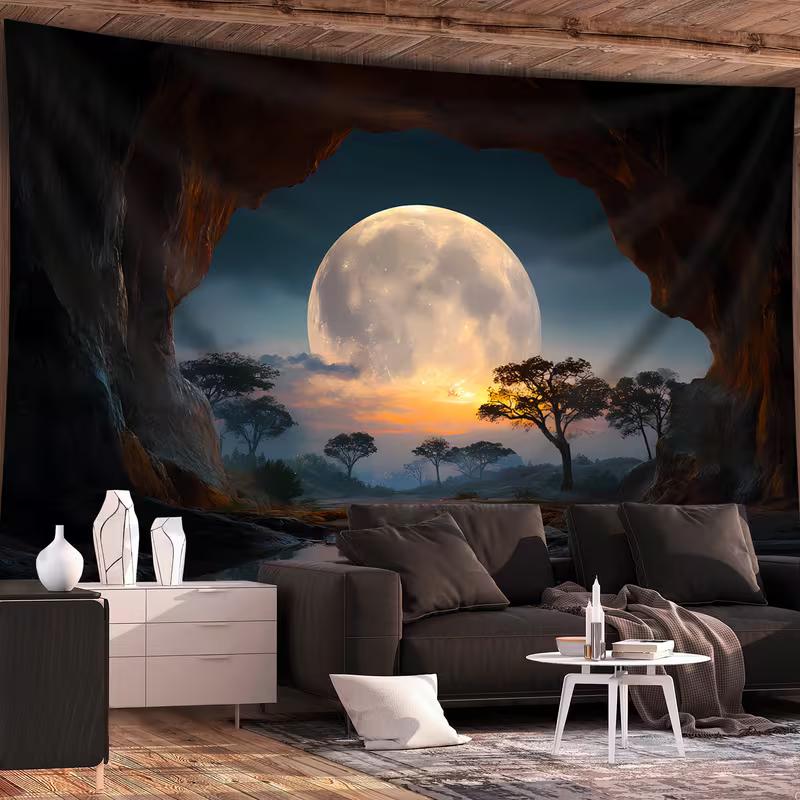 2D African Savannah Night Tapestry Cave Moonlight Home Background Decor