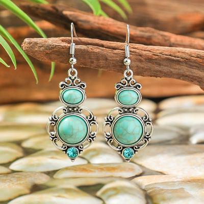 Temu Explosive Ancient Silver Earrings Ethnic Style Turquoise Earrings Hollow Flower Accessories Yiwu