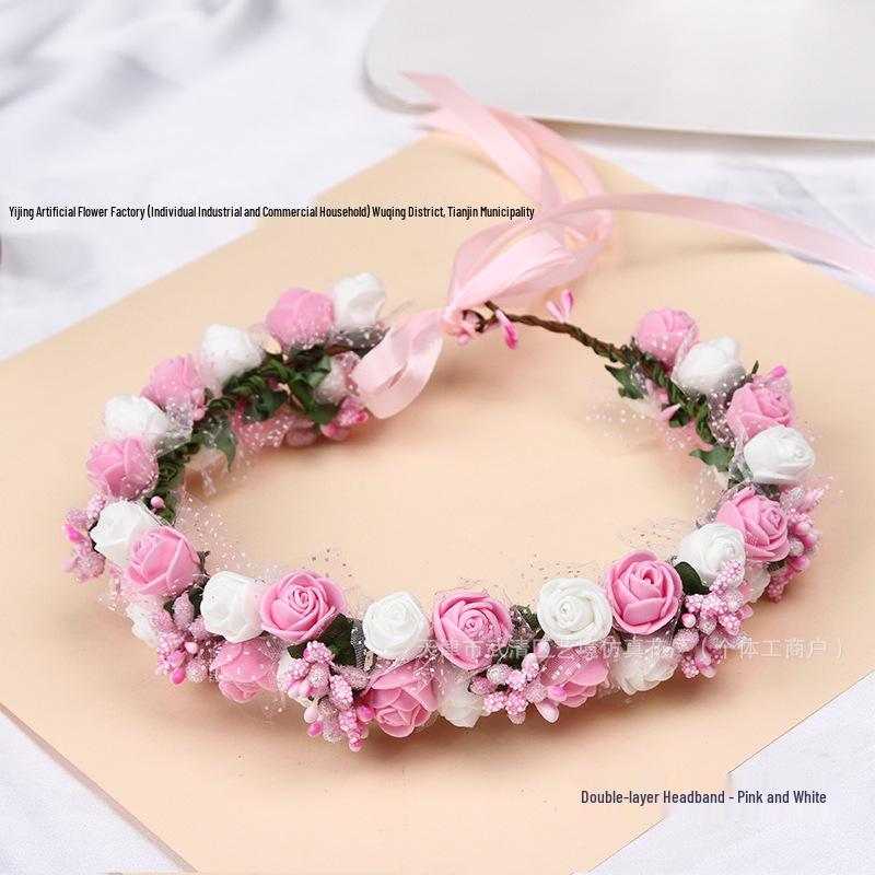 Double Layer Rose Pearl Flower Headband - Fairy Wreath for Photography, Wedding, Bride, or Decoration. белый