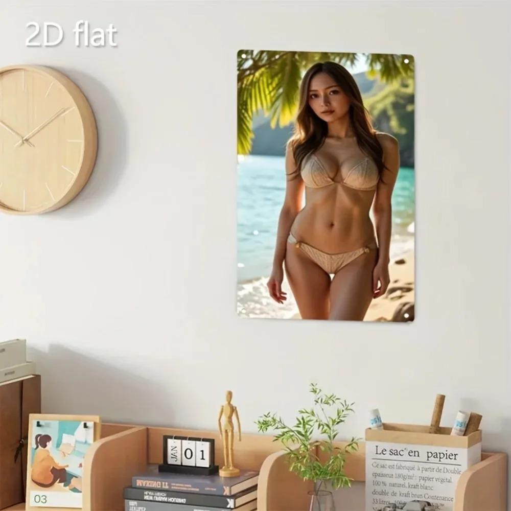 Blonde Bikini Lady Metal Wall Decor - Tropical Beach Palm Tree Art, Durable Iron Frame Easy Install for Home Cafe Bar