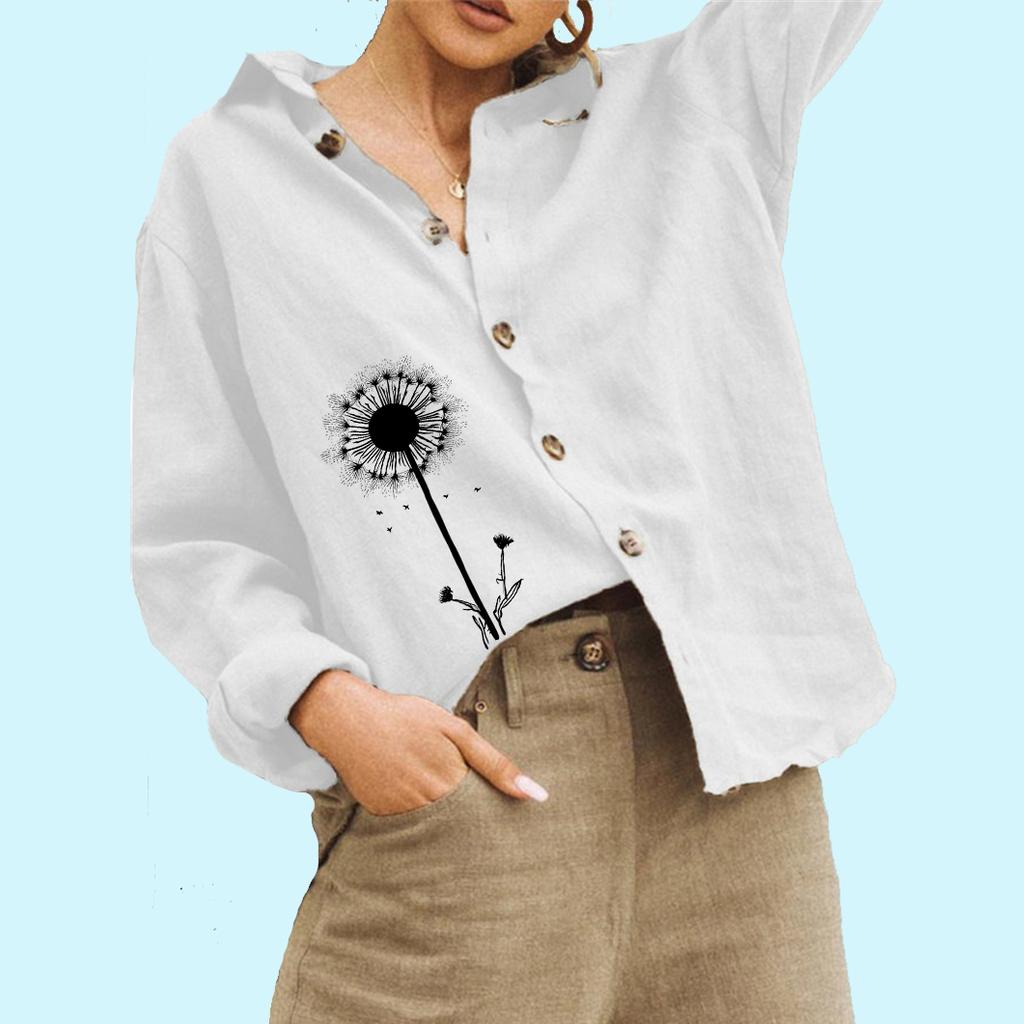 Women Fashion Floral Print Linen Shirt Ladies Casual Long Sleeve Top Loose Buttoned Blouse