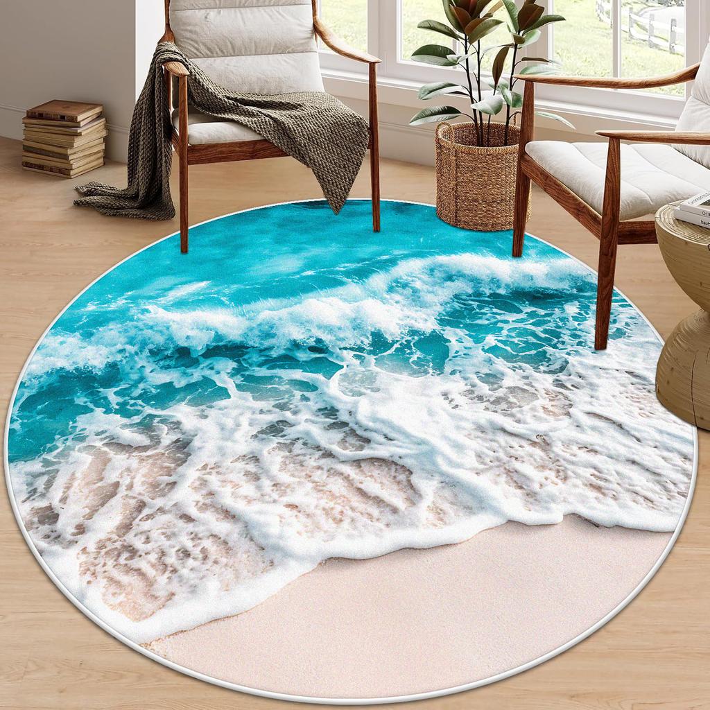 3D Beach Round Carpet Living Room Decoraiton Modern Light Luxury Large Room Lounge Rug Bedroom Decor Soft Fluffy Study Chair Mat