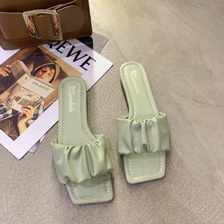 Woman Flat Slides Slippers Summer 2024 Stylish Square Head Pleated Sandals for Women Casual Flip Flops Solid Color Shoes Fashion