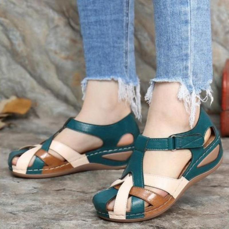 Large size summer new retro round head wedge heel women's shoes cross buckle women's sandals