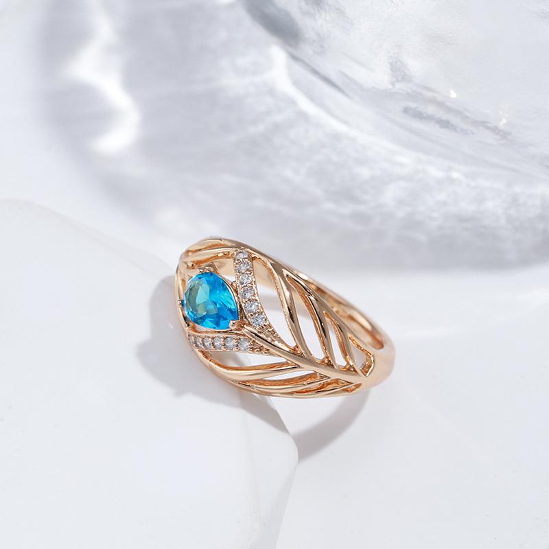 Gold Color Hollow Design Blue Zircon Geometric Rings for Women Vintage Fashion Jewelry