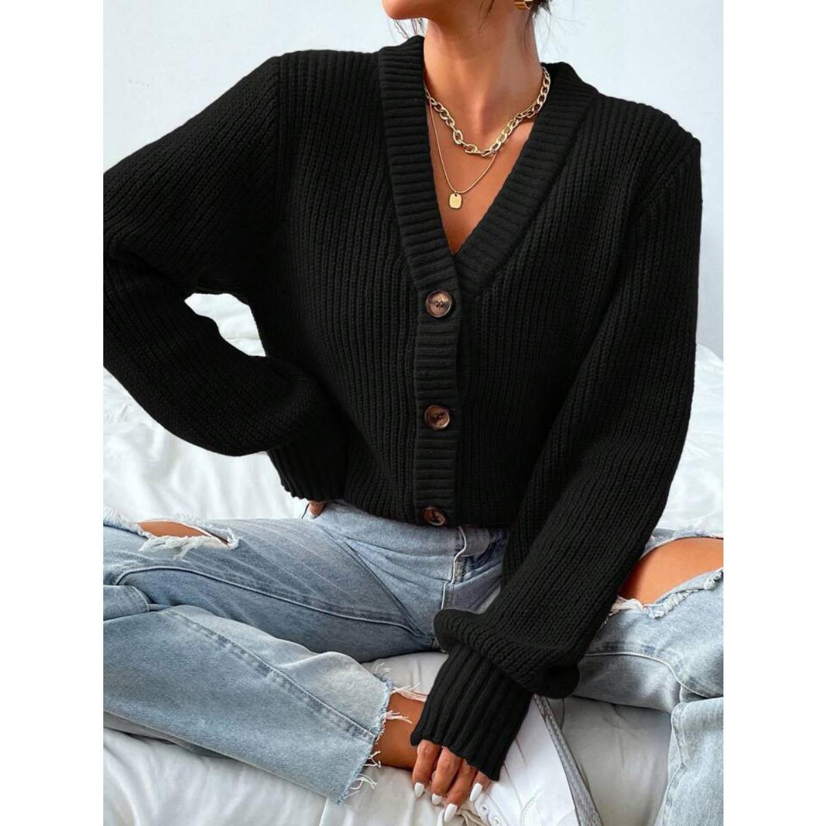 

Autumn and Winter New V-neck Women s Loose and Versatile Knitted Cardigan Sweater with Lazy Style S чёрный