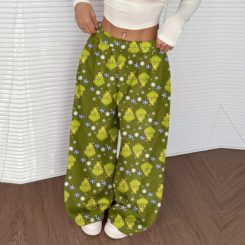 Women's Casual Christmas Print Elastic Waist Loose Fit With Plush Wide Leg Pants
