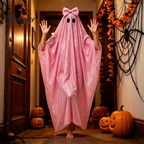 White Ghost Poncho Sequin Cape for Women, Cute Halloween Costume Cloak with Holiday Cosplay Bows, Lightweight Mesh Pullover Robe Party Photoshoot