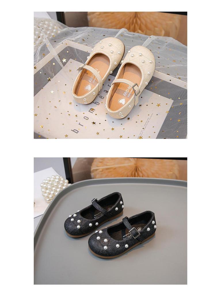 Girls' Black Soft-Soled Leather Mary Janes with Pearls - New 2026 Spring/Autumn Ballet Performance & Casual Shoes