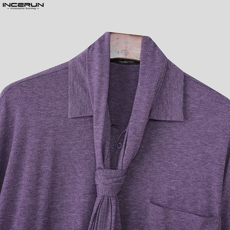 INCERUN Spring Men Tie-up Long Sleeve Casual Loose Oversized Pullover T-shirts Tops