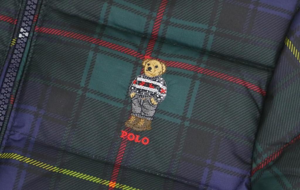 POLO RALPH LAUREN Kids Girls’ Hooded Down Jacket, Polo Bear Embroidery, Tartan Plaid Print, Multi-Color, Size 6X (01010023)