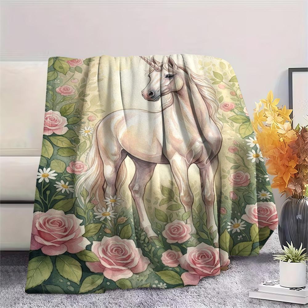 1PC Floral Fantasy Creatures Print FlAannel Blanket, High quality Comfortable for All Seasons, Home Decor, Warmth and Comfort
