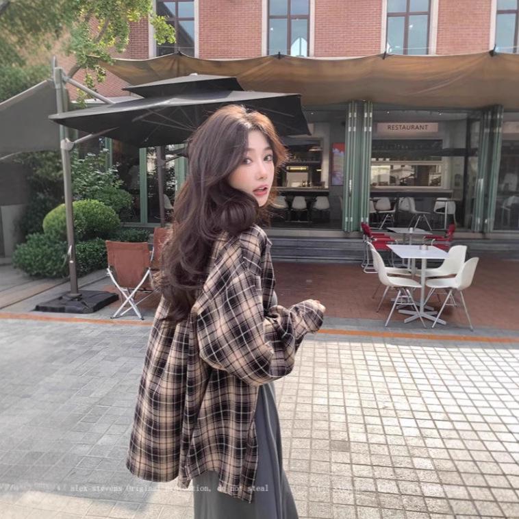 

2025 Plaid Long-Sleeve Women s Shirt: Japanese Hong Kong Style, Versatile Summer Casual Jacket XXXL кавовий