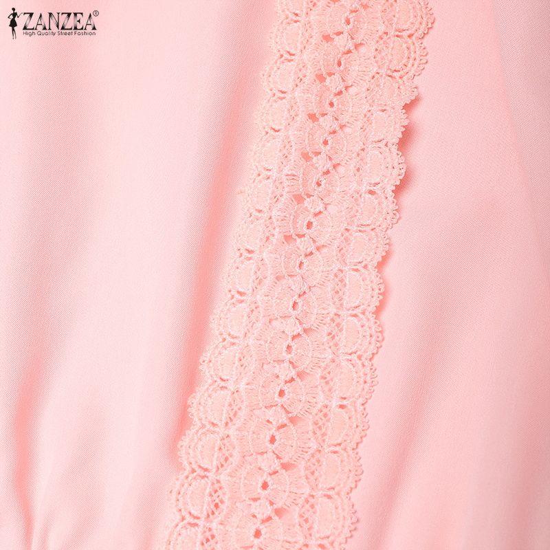 ZANZEA Damen Lässiges Stehkragen Langarm Locker Spitze Patchwork Langes Kleid