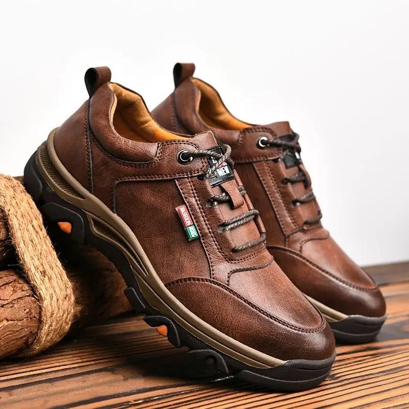 Leather Men Hiking Shoes High Quality Non-slip Man Casual Sneakers Comfortable Sport Shoes Breathable Retro Men Walking Sneakers