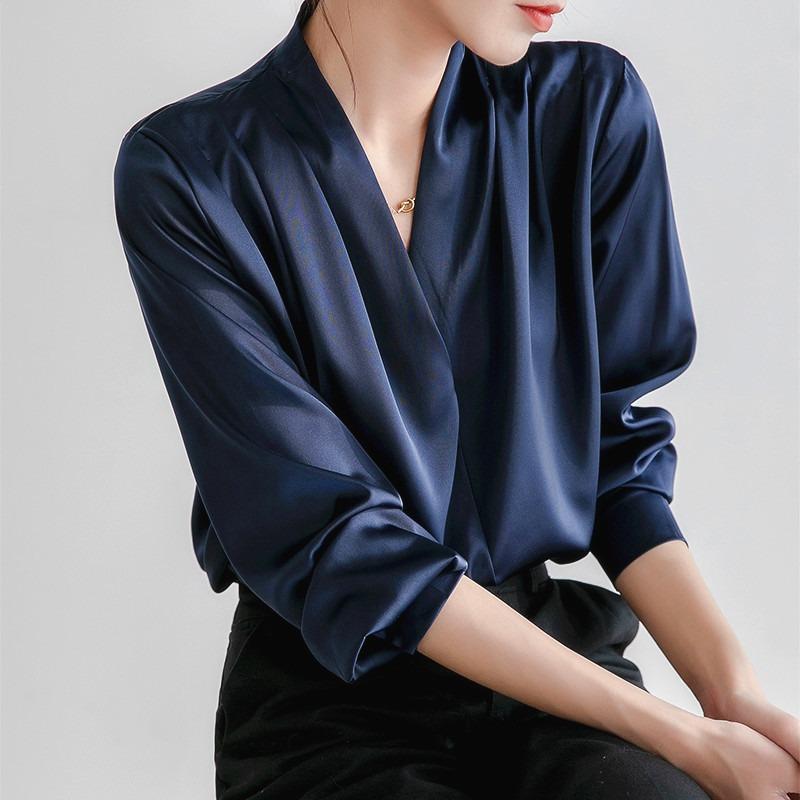 Spring white shirt women's long-sleeved design sense retro silk top professional satin shirt