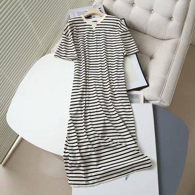 Summer Women High Quality Striped Print Cotton Midi Side Pocket Short Sleeve Ladies Sundress